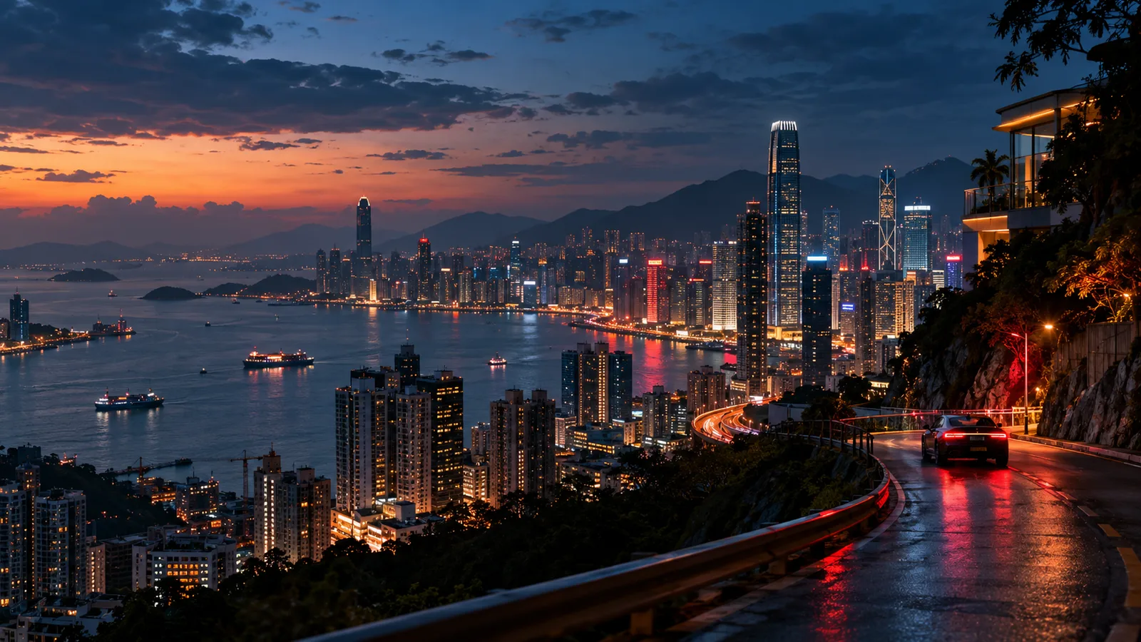 An illustrative coastal city at blue hour with a sports car on a winding road