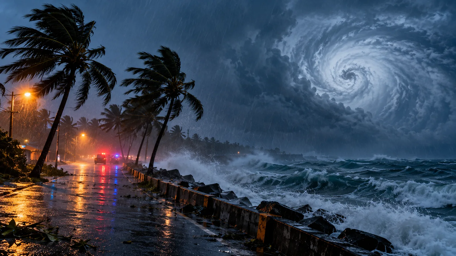 An illustration of intense wind and rain along a coastal road at night